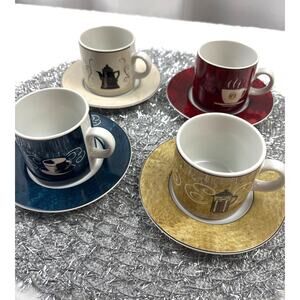 Sakura ‘Coffee Break’ Set Of 4 Demitasse Coffee Cups & Saucers Discontinued